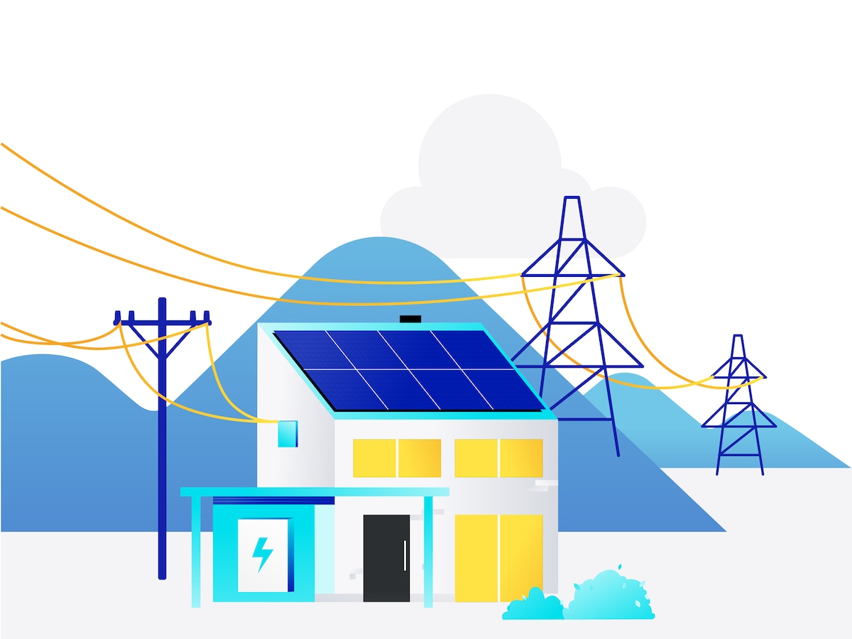 Infographic of house connected to solar batteries and grid power