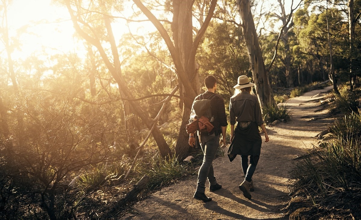 A couple hiking through the forest