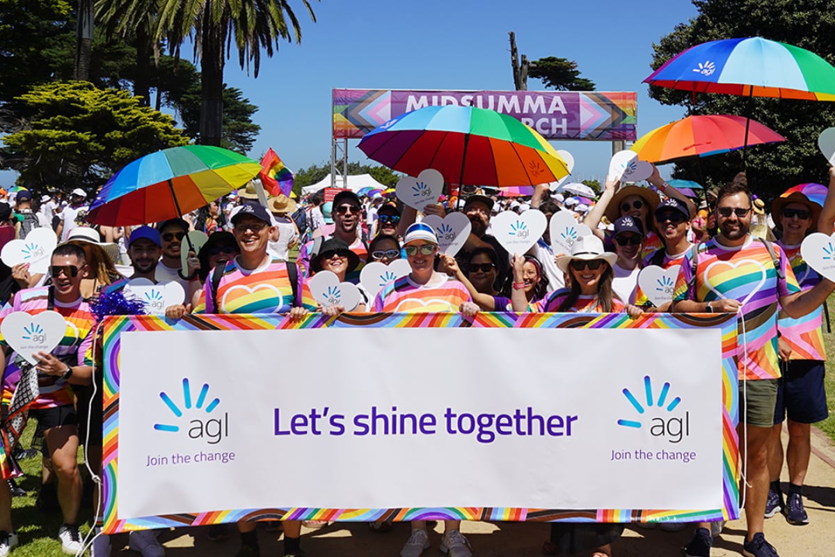 AGL's LGBTQ+ network "Shine" marching in the Midsumma Pride parade. 