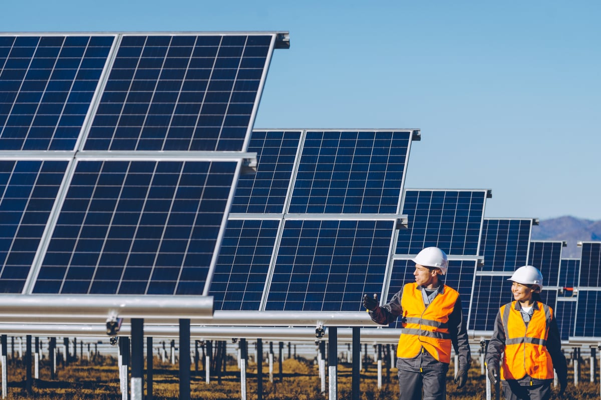 Two AGL employees inspecting a solar farm