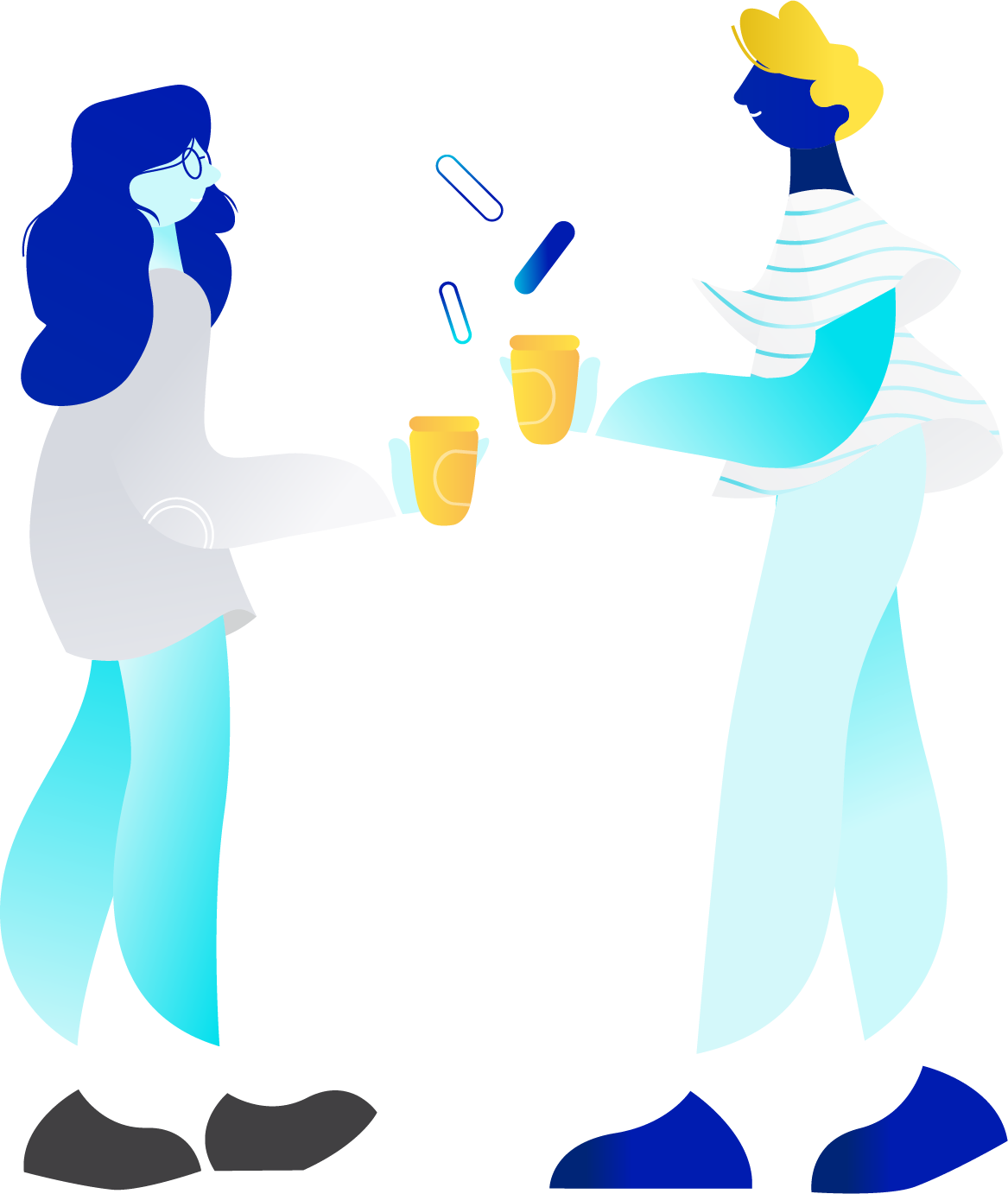 Illustration of two people conversing over coffee