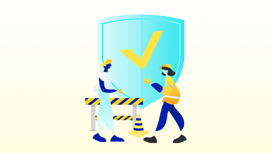 Illustration of two employees with a giant sheild in the background