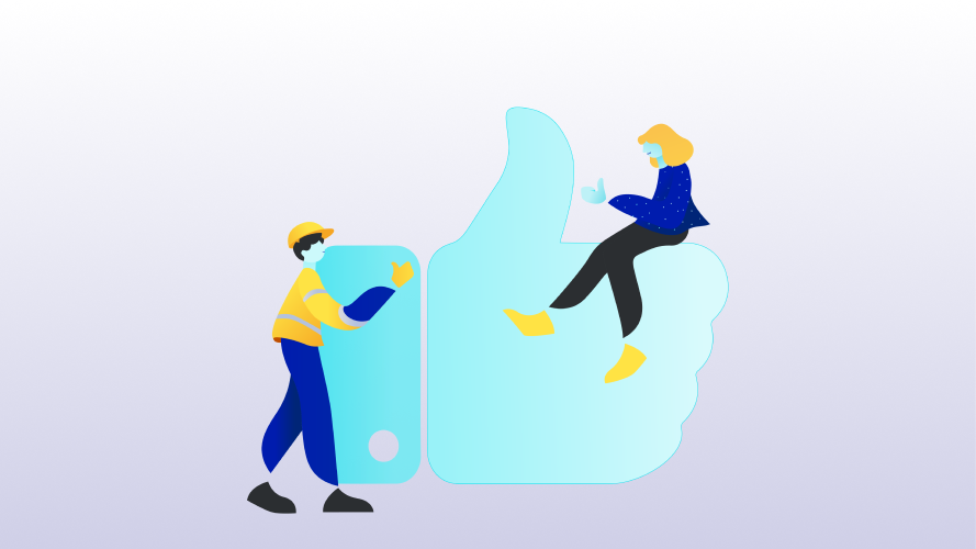 Illustration of two employees with a giant "thumbs-up" in the background 