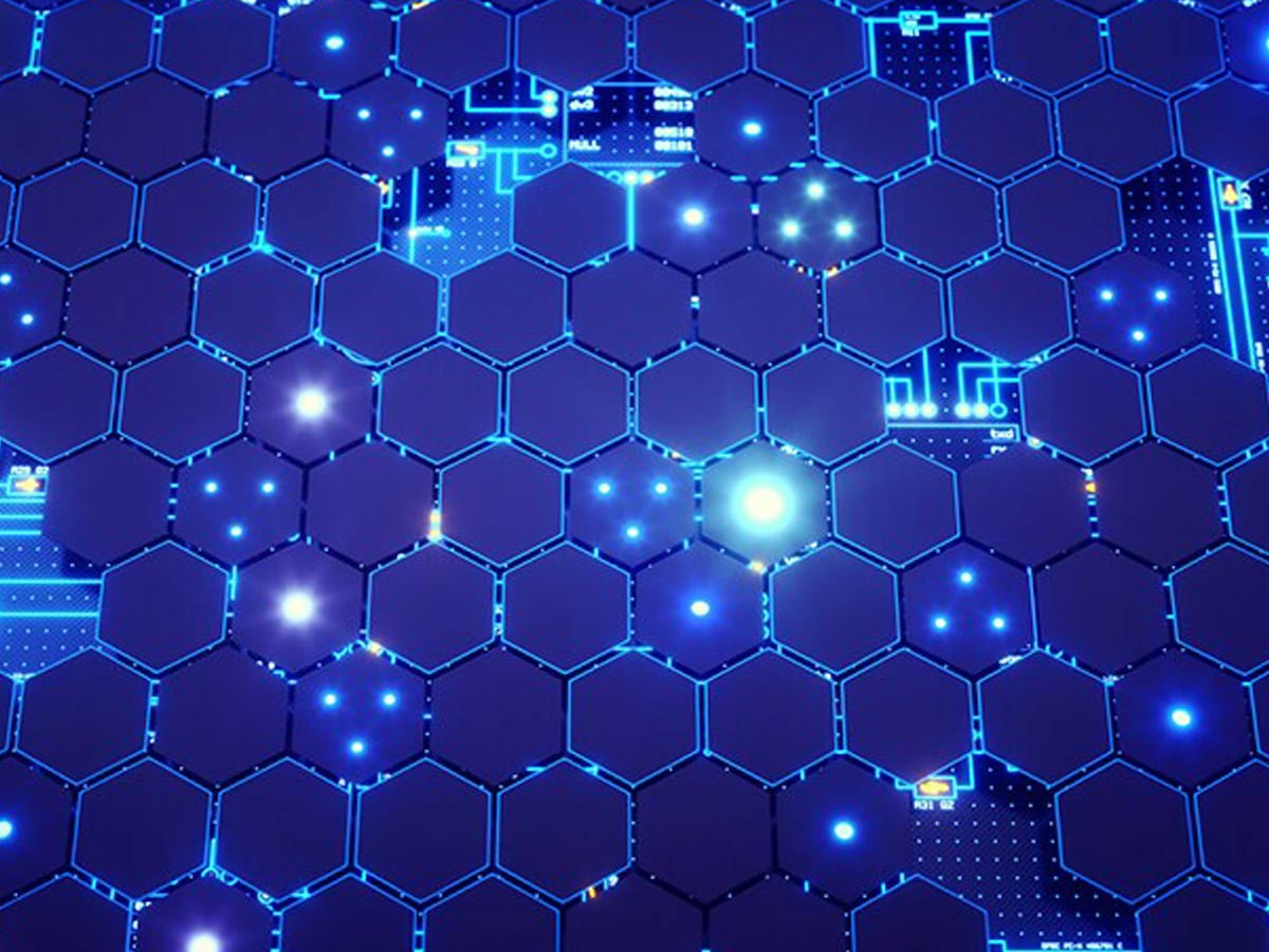 Digital illustration of a network of blue hexagons interconnected with glowing lines and nodes on a dark background, symbolizing a futuristic or high-tech concept.