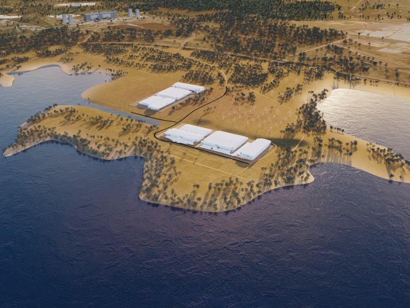 An aerial render showcasing the future Hunter Hub location along the banks of the Hunter River.