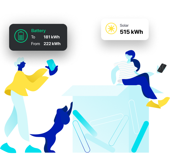 Illustration of two people with smart phones, monitoring solar system performance and solar battery capacity.