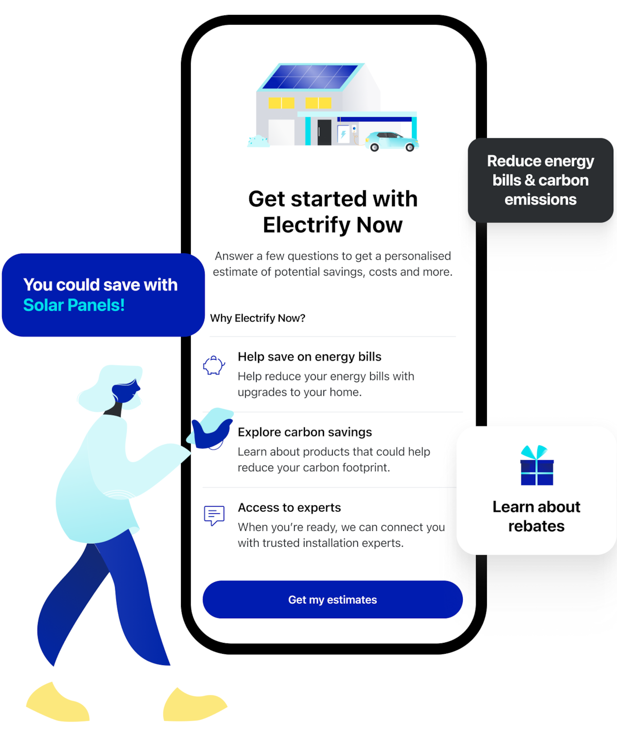 Illustration of the AGL app screen with icons showing benefits of getting started with Electrify Now.