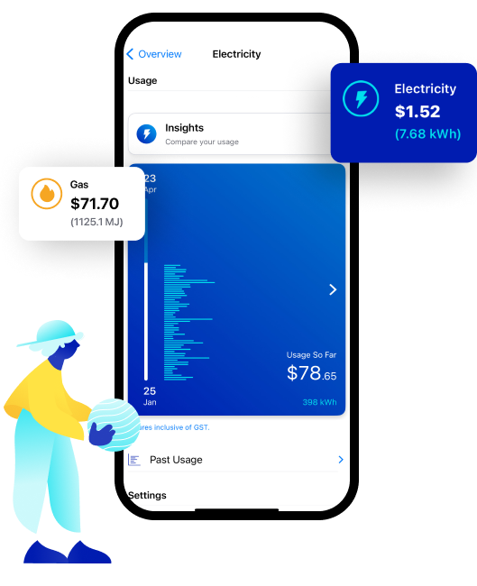 Illustration of a person next to an app screen graph showing electricity usage and cost. 