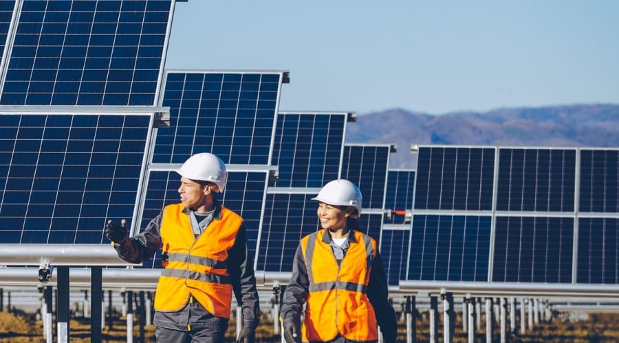 Two co-workers in high viz and hard hats inspect a solar panel array