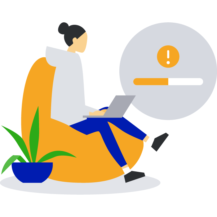 Illustration of woman sitting on beanbag having issues with her laptop