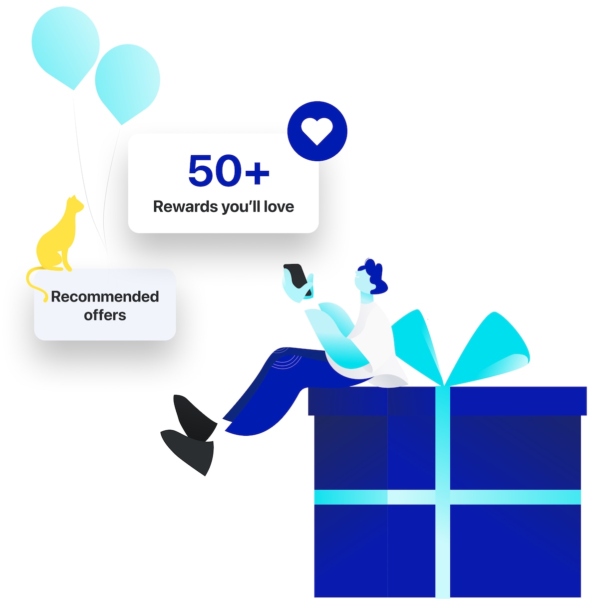 Illustration of a present with copy saying 50 plus rewards and recommended offers available