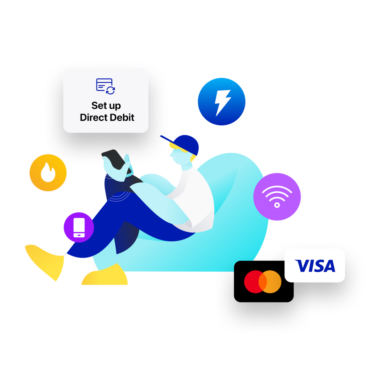 Illustration of person sitting down using tablet, with icons showing card and direct debit payment options for their utilities. 