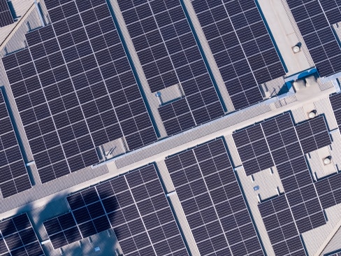 Aerial shot of multiple buildings’ roofs covered in solar panels