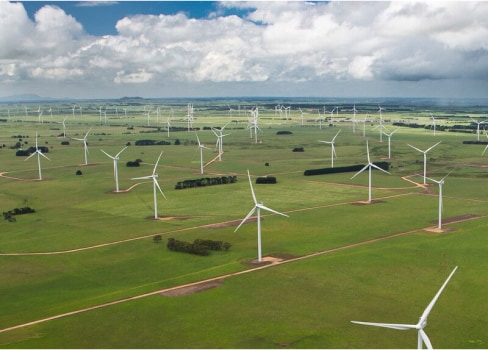 Birds-eye view of a wind turbine field on a partly cloudy day